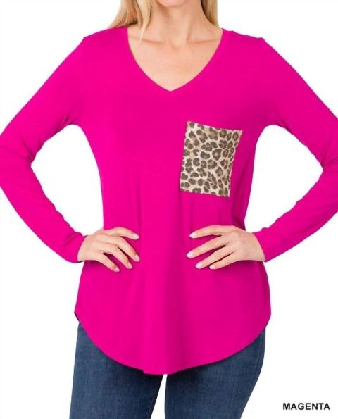 Vneck Leopard Pocket Long Sleeve Top In Magenta