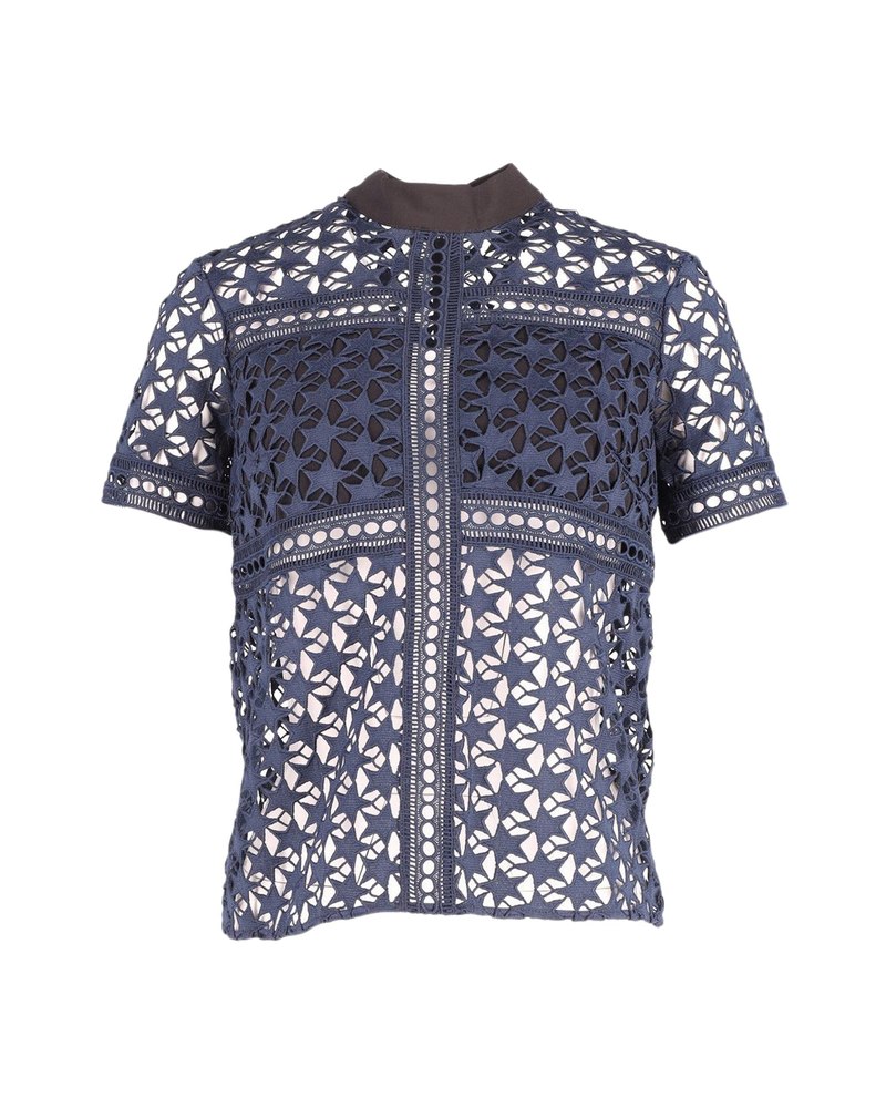 Self-Portrait Star Pattern Sheer Top in Navy Blue Polyester
