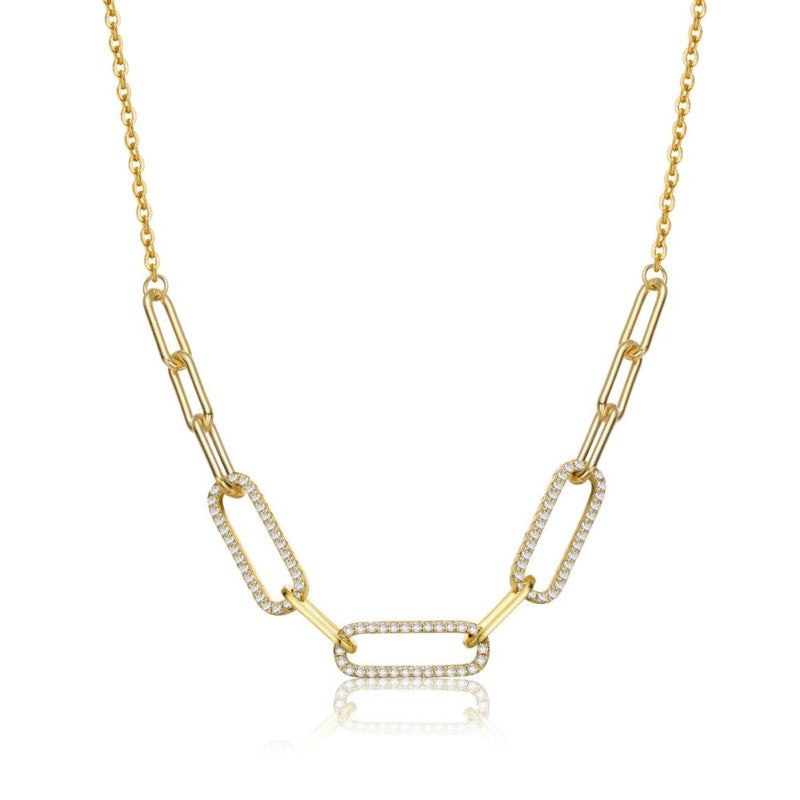 Sterling Silver 14k Yellow Gold Plated with Cubic Zirconia Elongated Cable Link Chain Necklace