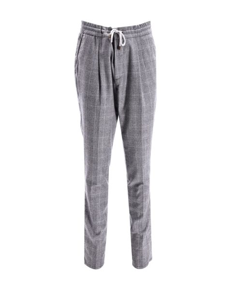 Brunello Cucinelli Plaid Drawstring Trousers in Grey Cotton 7748660166716