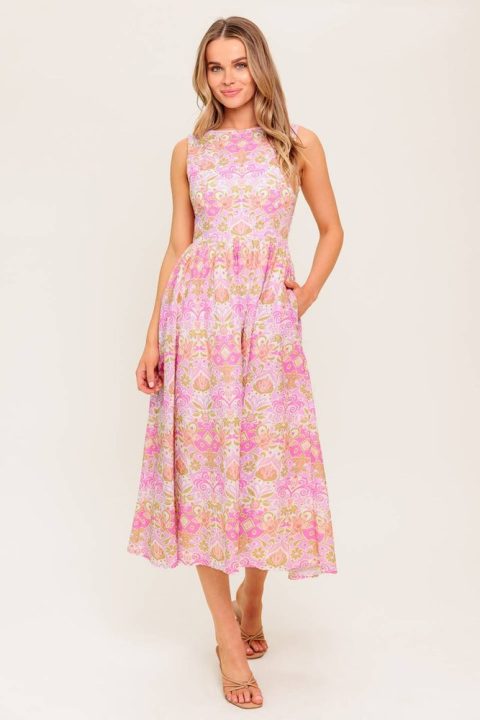 UNDER THE SUN PINK WOVEN MIDI DRESS