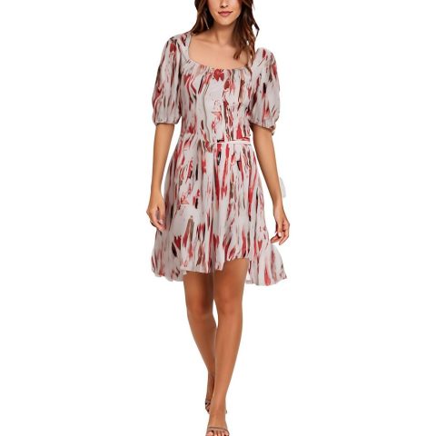 Woven Zip Puff Sleeve Top Printed Woven Blouse