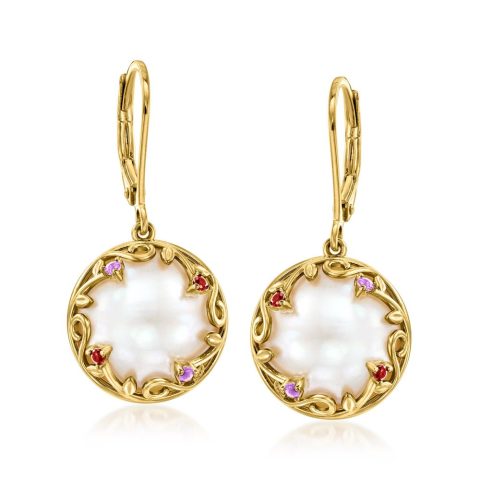Ross-Simons 13.5-14mm Cultured Mabe Pearl Drop Earrings With Amethyst and Garnet Accents in 18kt Gold Over Sterling