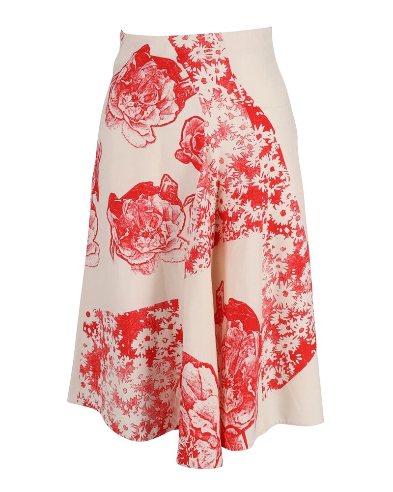 Stella McCartney Floral Print A-Line Skirt in Cream Silk 7748688248892