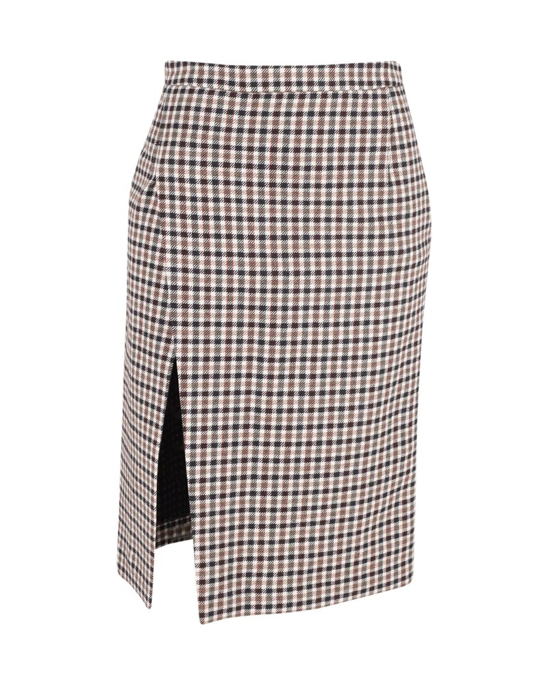 Maje Josselin Checked Asymmetric Slit Skirt in Brown Cotton and Wool 7748691230780