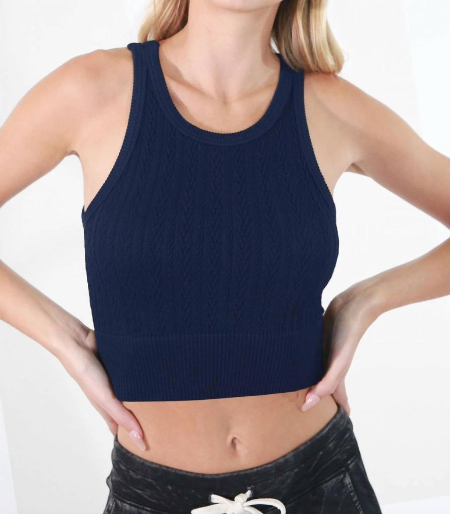 Cable Knit High Neck Crop Top In Indigo