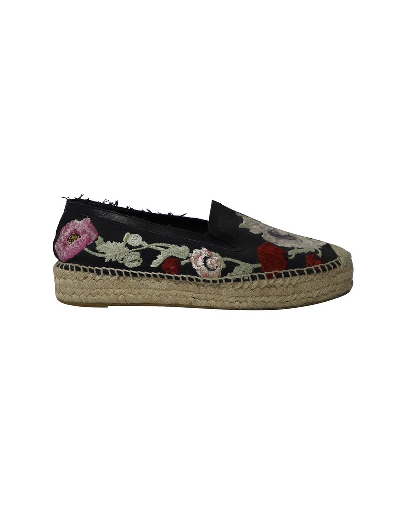 Alexander McQueen Floral Embroidered Espadrille Slip-Ons in Black Canvas