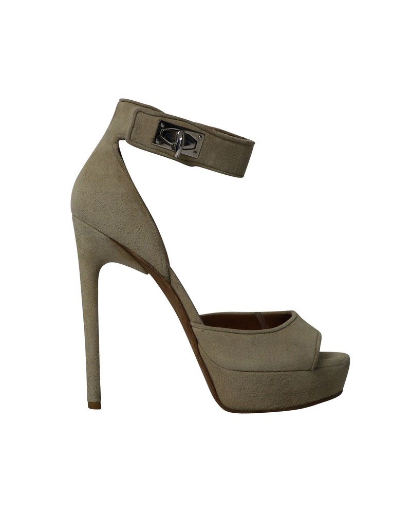 Givenchy Shark Lock High-Heeled Sandals in Khaki Suede
