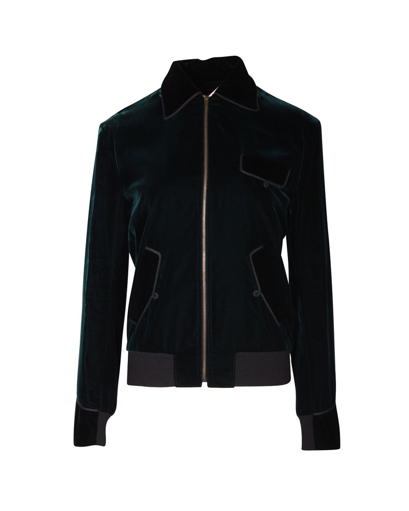 Saint Laurent Point Collar Velvet Bomber Jacket in Green Viscose 7748723736636