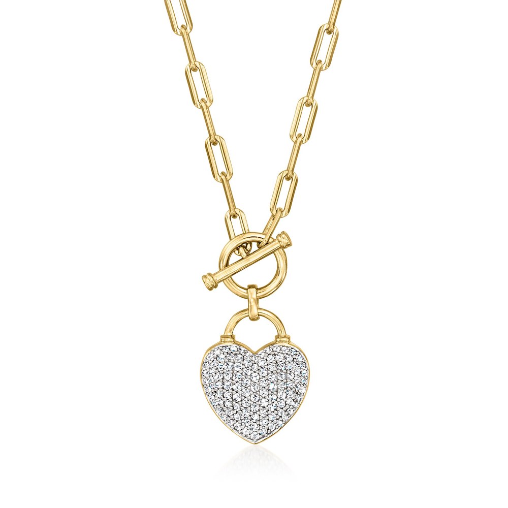 Ross-Simons Diamond Heart Lock Toggle Necklace in 18kt Gold Over Sterling and Sterling Silver