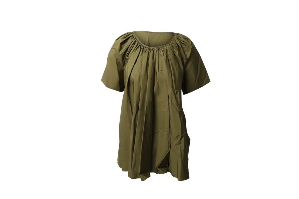 Jil Sander Gathered Short Sleeves Top in Olive Green Cotton
