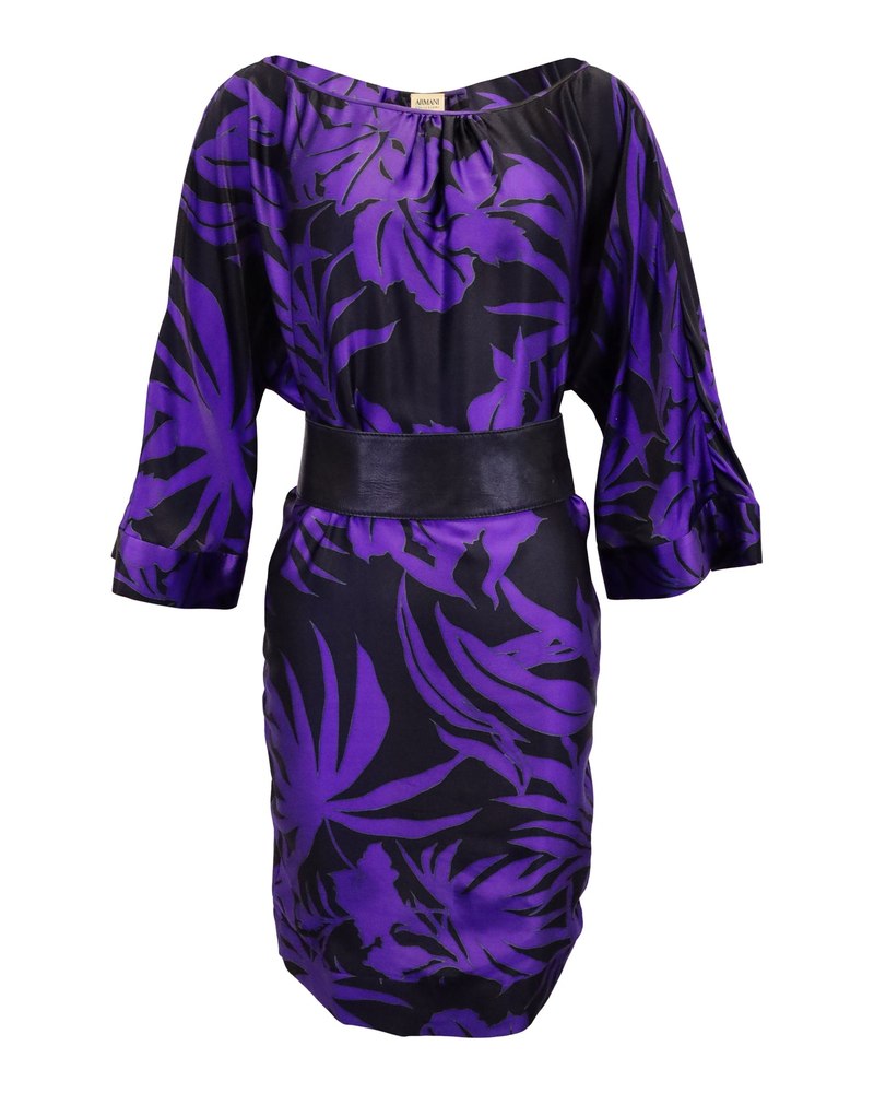 Armani Collezioni Printed Belted Dress in Violet Silk 7748738482236