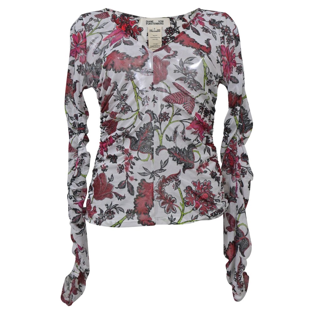 Diane Von Furstenberg Sheer Leaf Print Top in White Nylon 7748745887804