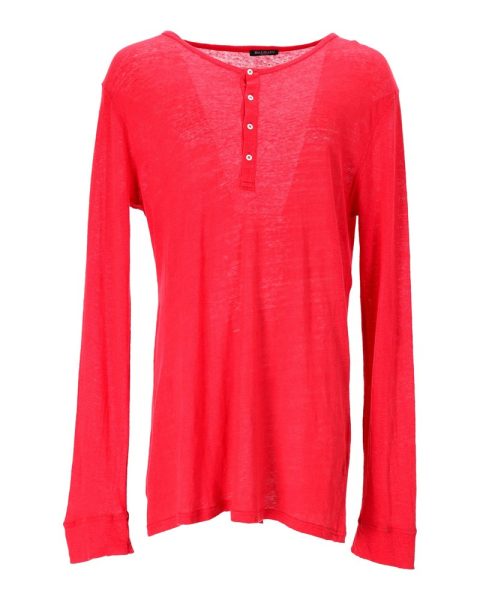 Balmain Half-Button Long Sleeve T-Shirt in Red Linen 7748754931772