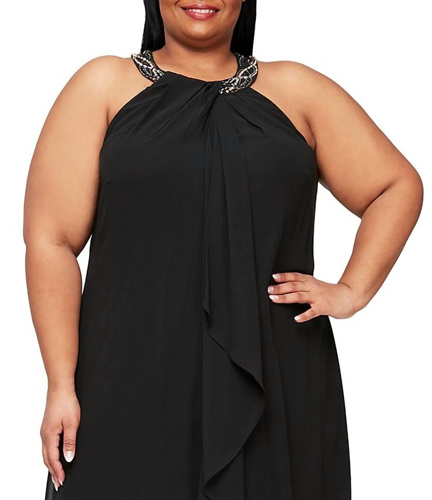 Halter Braid Bead Neck Chiffon Dress In Black