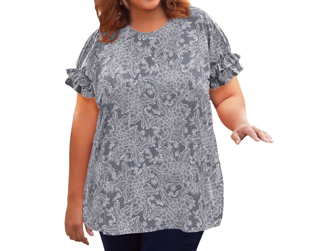 Short Sleeve Ruffle Blouse – Plus Size In Gray Floral