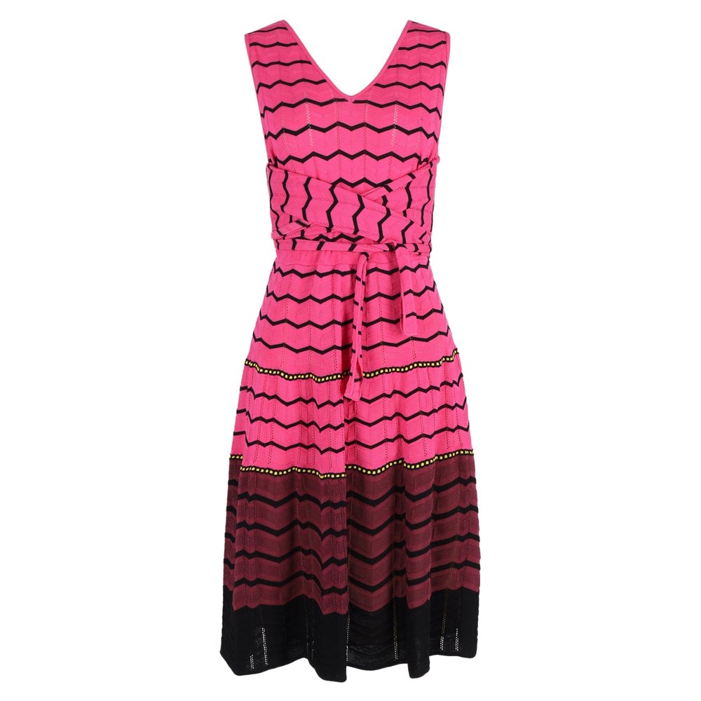 M Missoni Knit Tie Front Detail Sleeveless Midi Dress in Pink Zigzag Cotton 7748777607228