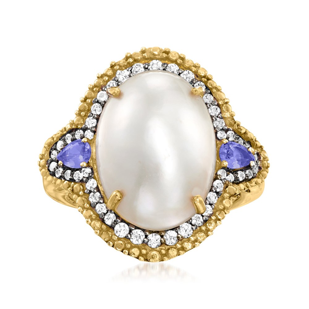 Ross-Simons 12x16mm Cultured Mabe Pearl and . Tanzanite Ring With . White Topaz in 18kt Gold Over Sterling