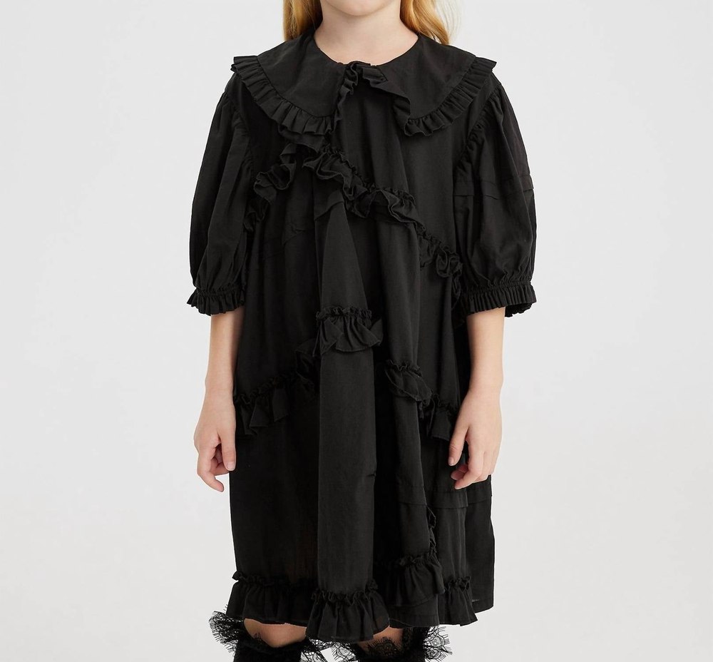 Kids Asymmetric Ruffle Collared Dress In Coal