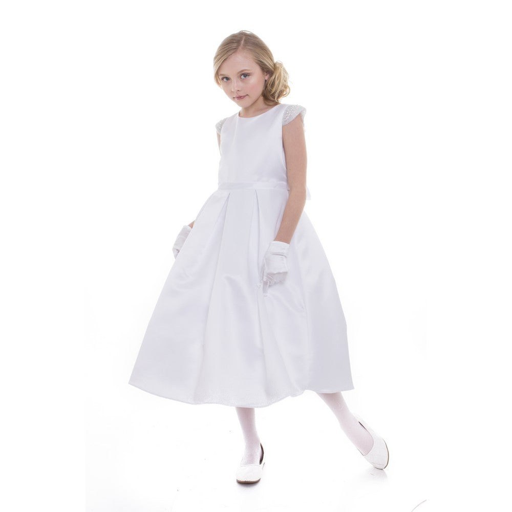 Little Girls White Dull Satin Beaded Flower Girl Dress 2T-6