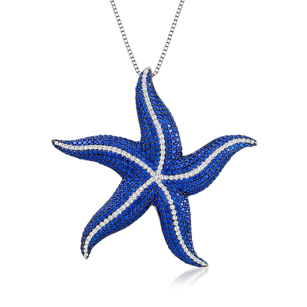 Ross-Simons Italian Simulated Sapphire and CZ Starfish Pendant Necklace in Sterling Silver