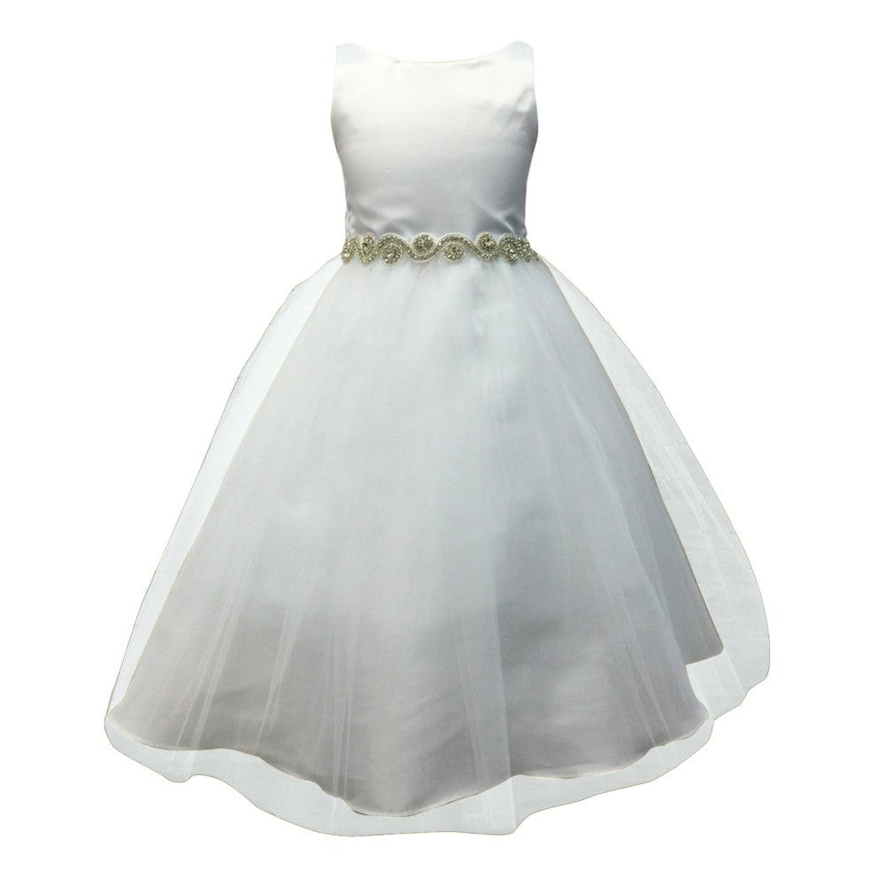 Little Girls White Satin Tulle Rhinestone Flower Girl Dress 2T-6