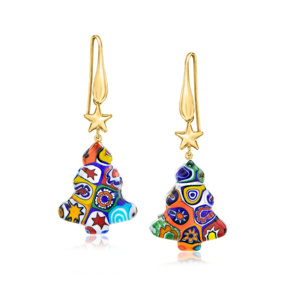 Ross-Simons Italian Multicolored Murano Glass Millefiori Christmas Tree Drop Earrings With 18kt Gold Over Sterling