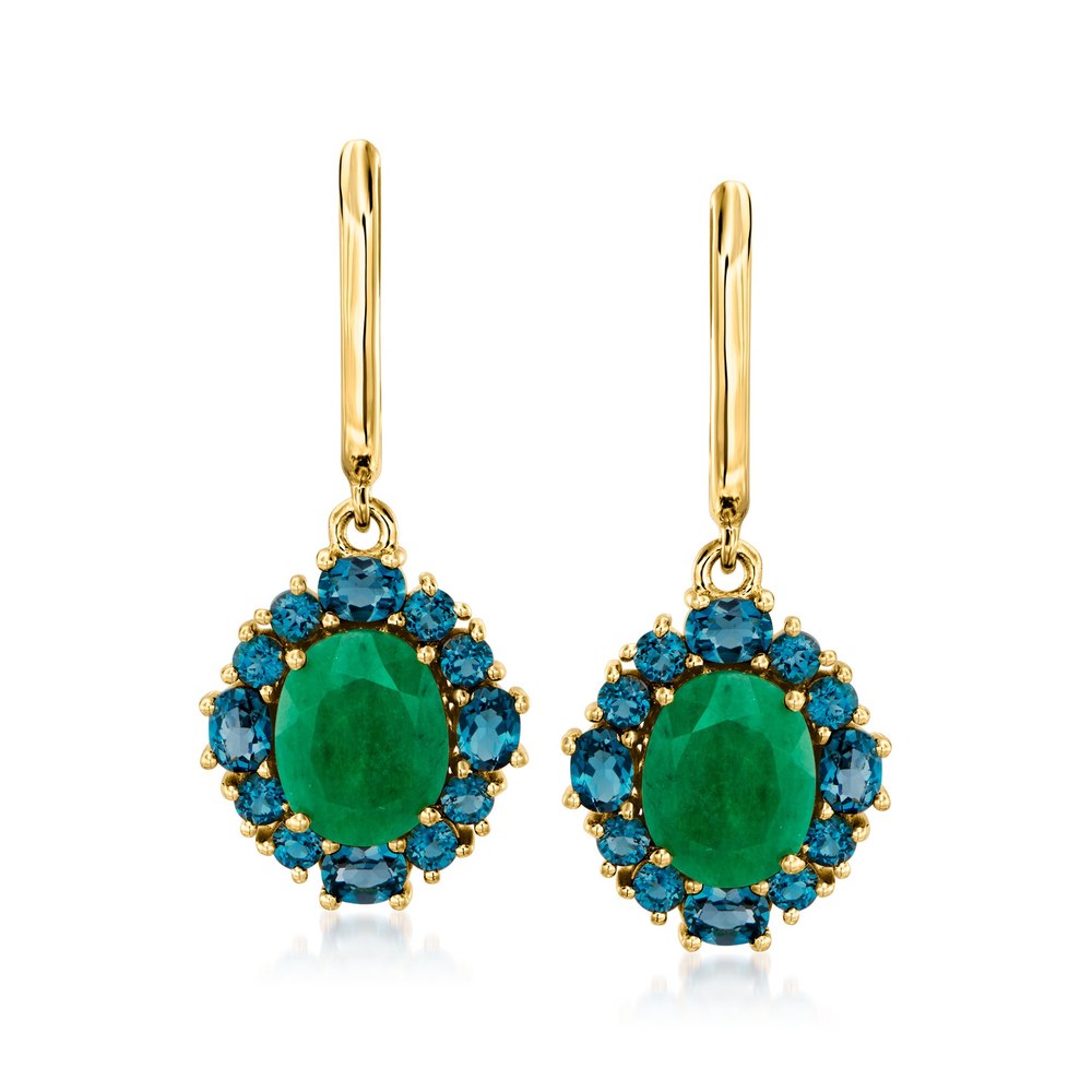Ross-Simons Emerald and London Blue Topaz Drop Earrings in 18kt Gold Over Sterling