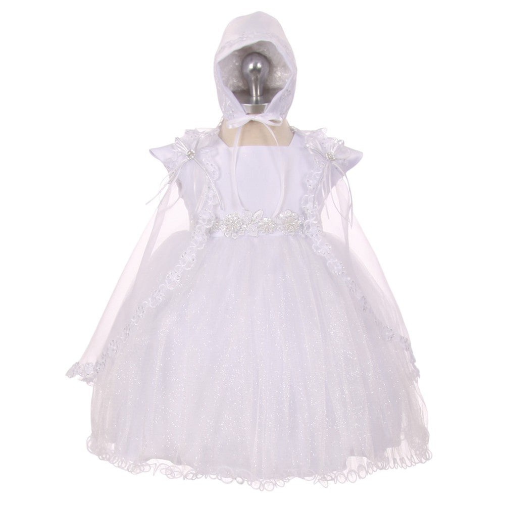 RainKids Baby Girls White Sparkly Tulle Cape Bonnet Christening Dress 0-24M