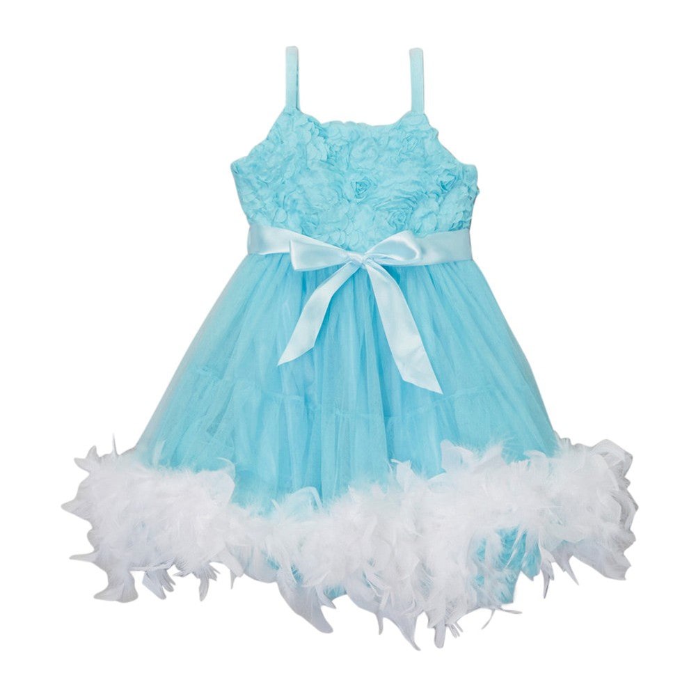Girls Blue White Frozen Feather Rosette Flower Girl Dress 12M-10