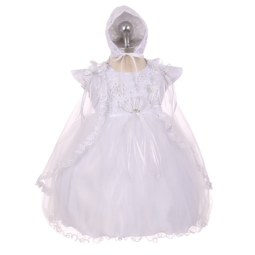 RainKids Baby Girls White Organza Tulle Cape Bonnet Christening Dress 0-24M