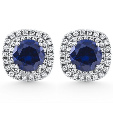 2.65Ct Cushion Halo Blue Sapphire Diamond Studs 14k White Gold Earring Lab Grown