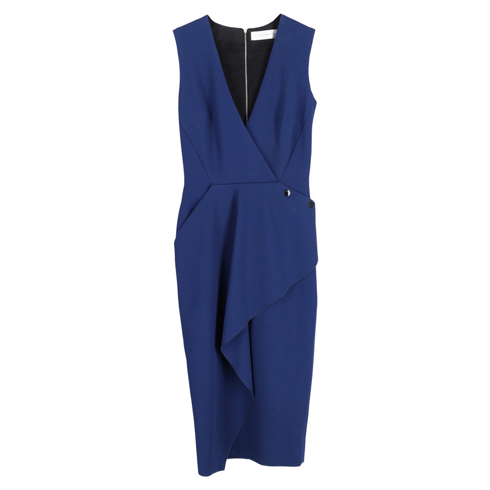 Victoria Beckham Deep V-Neck Asymmetric Ruffle Dress in Navy Blue Wool