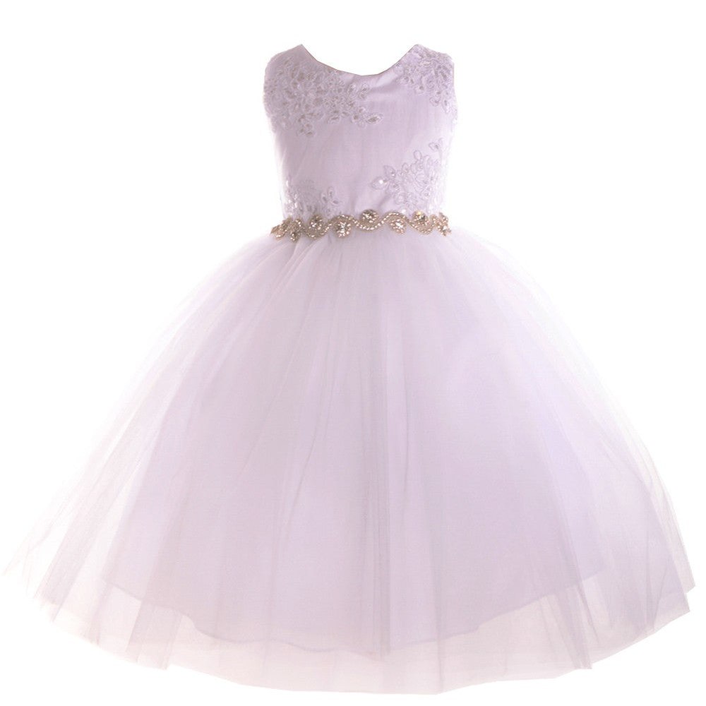 Big Girls White Beaded Applique Junior Bridesmaid Dress 8-12
