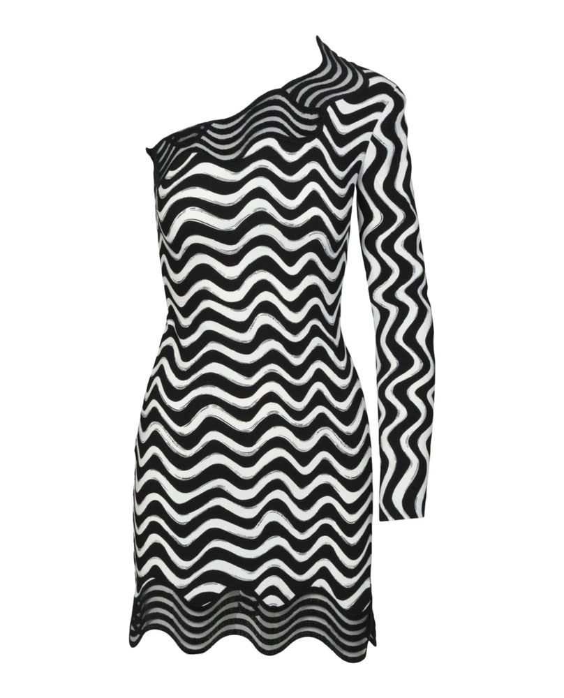Wave-Print One-Shoulder Mini Dress