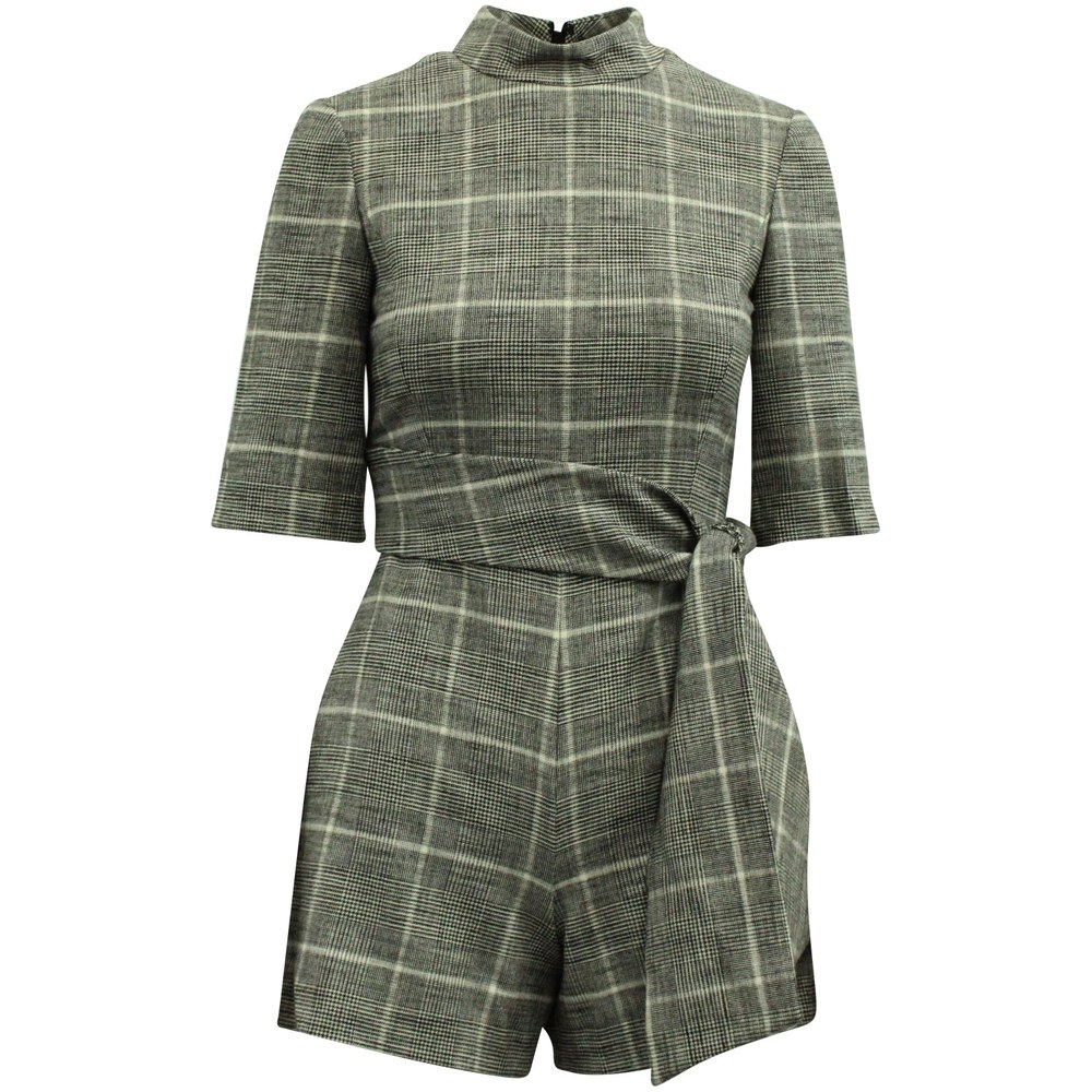 Alice + Olivia Virgil Check Print Tie Belt Playsuit In Black Viscose 7764881604668