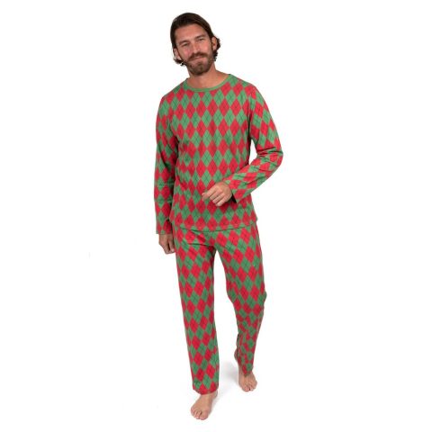Christmas Mens Two Piece Cotton Loose Fit Pajamas Argyle