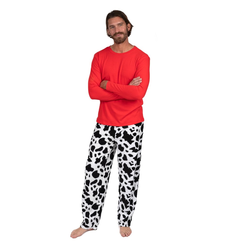 Mens Cotton Top and Fleece Pant Pajamas Cow Black