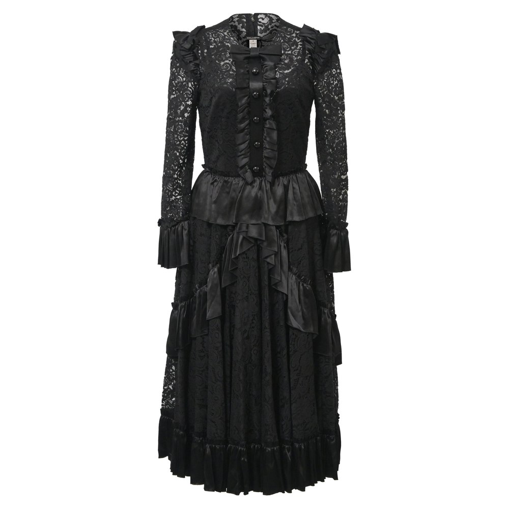 Dolce & Gabbana Bow Detail Ruffle Trimmed Lace Midi Dress in Black Polyamide 7764992524348