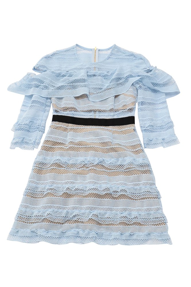 Self-Portrait Stripe Grid Lace Mini Dress in Blue Polyester 7765003272252