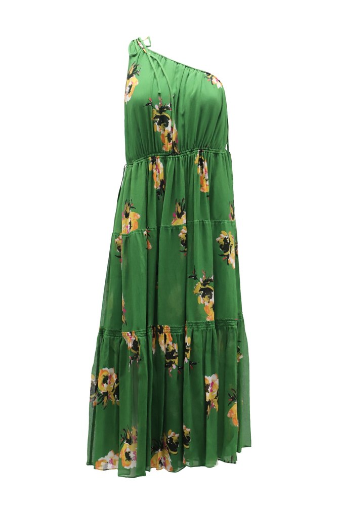 A.L.C. Tenley Flroal One Shoulder Dress in Green Silk 7765024702524
