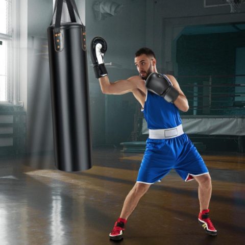 4-In-1 Hanging Punching Bag Set with Punching Gloves and Ceiling Hook 7672866832444