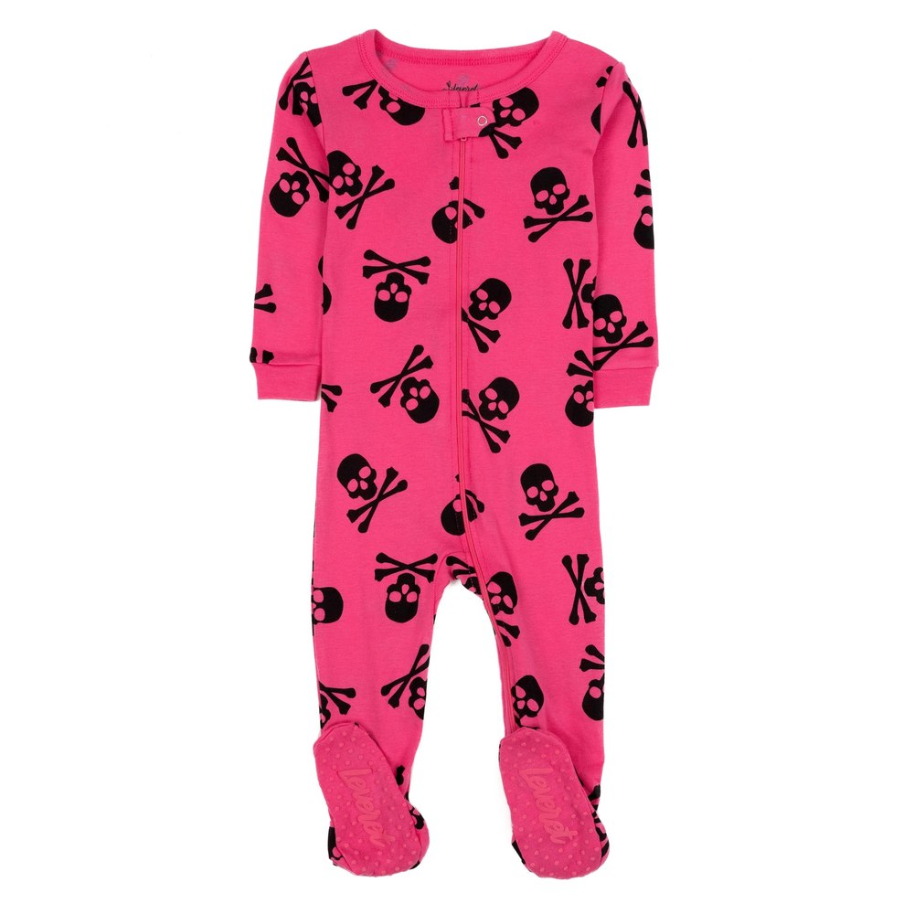 Kids Footed Cotton Pajamas Pink Skulls