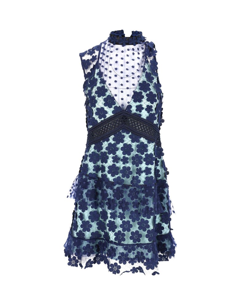 Self-Portrait Sleeveless Ruffled Dress in Blue Polyester 7766492184636