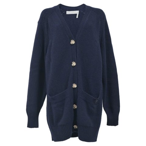 Chloe Generous V-Neck Button Down Cardigan in Navy Blue Cashmere 7766497787964