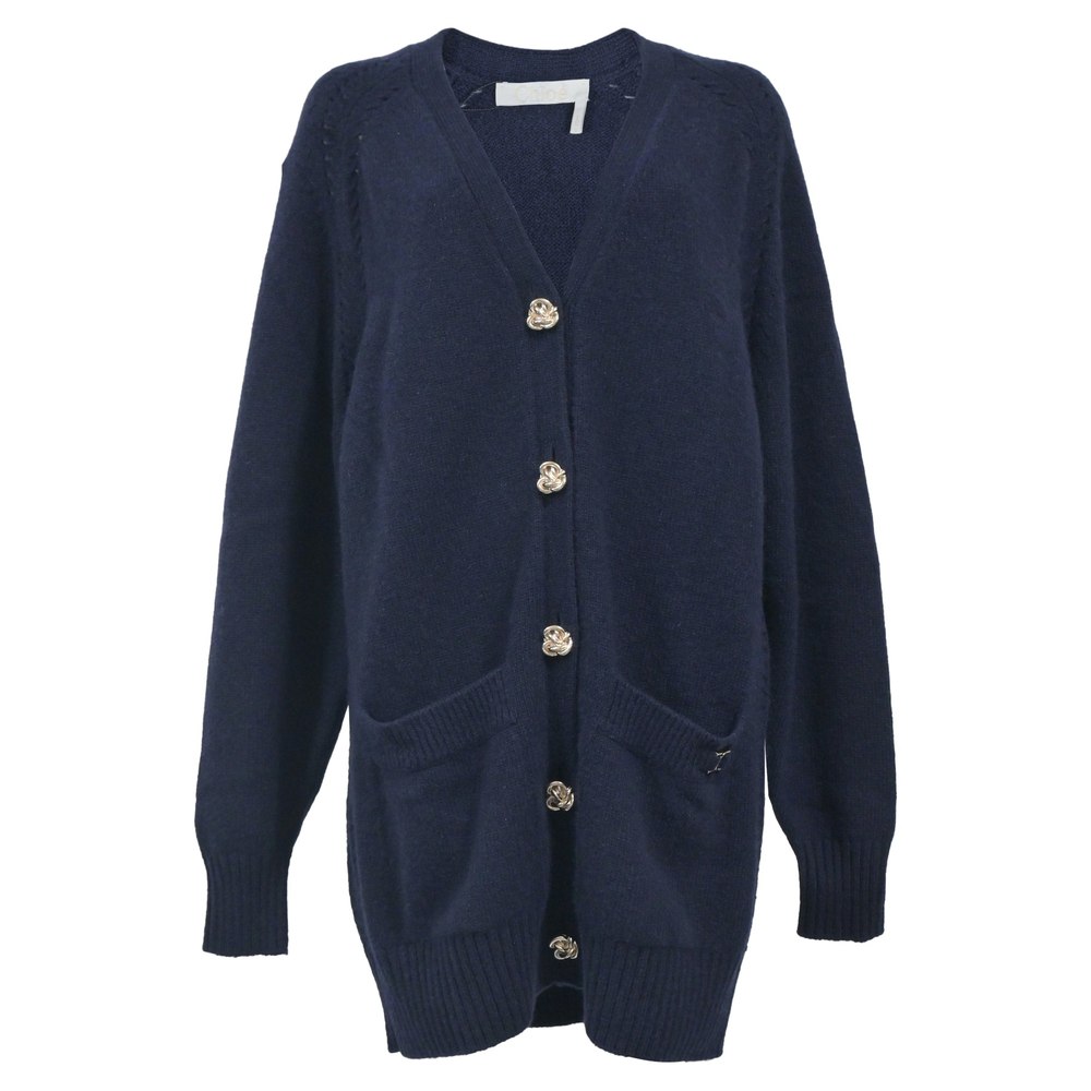 Chloe Generous V-Neck Button Down Cardigan in Navy Blue Cashmere 7766497787964