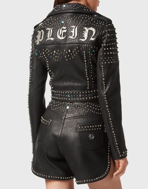 Vintage Leather Cropped Biker Jacket Studs 7676521676860
