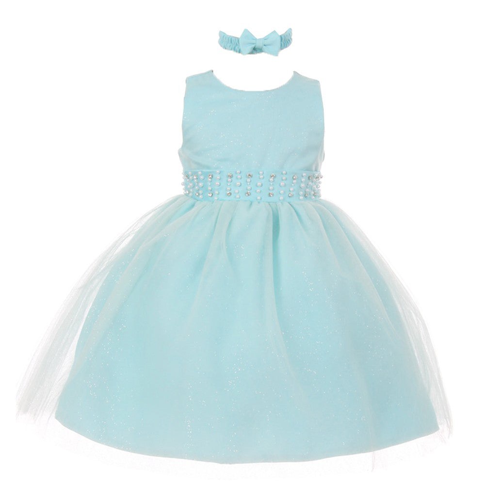 RainKids Baby Girls Aqua Pearl Diamond Accent Tulle Flower Girl Dress 6-24M
