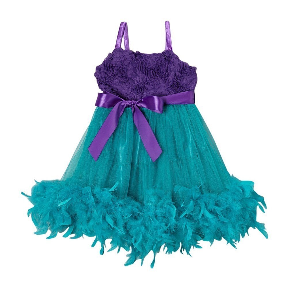 Girls Purple Turquoise Feather Rosette Flower Girl Dress 12M-7