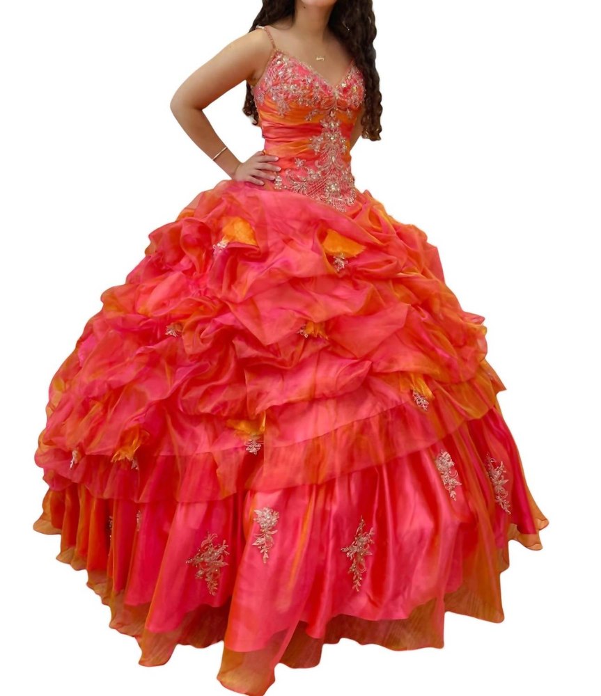 Quinceañera V-Neck Dress In Cherry/gold 7766574530620